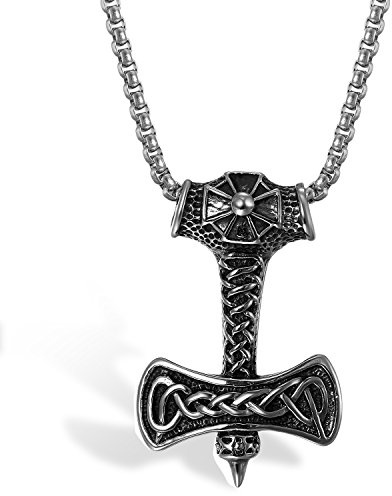 Flongo Herren-Kette Anhänger Halskette, Edelstahl Halskette Kette Thors Hammer Kreuz Kruzifix Medaille Irisch Keltisch Knoten Silber Schwarz Retro Motorradfahrer Biker Herren Männer Accessoires