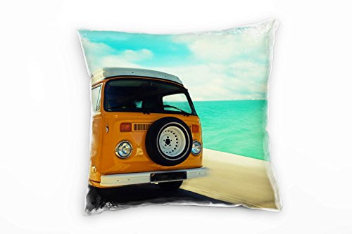 Paul Sinus Art Retro und Vintage, gelb, türkis, Retrobus, Freiheit, Kult Deko Kissen 40x40cm für Couch Sofa Lounge Zierkissen - Dekoration zum Wohlfühlen