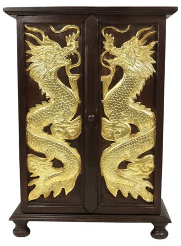 Oriental Galerie Schrank Wandschrank Holzschrank Kommode Flurschrank 90 cm Blattgold Holz Rattan Drachen Braun Gold