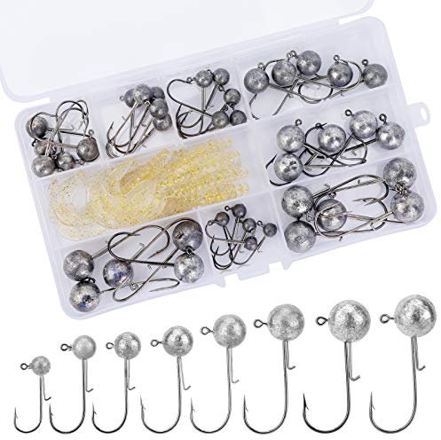 Pwsap 40Stück Jighaken mit Round Jighead, Jigköpfe für Gummifische zum Raubfishangeln, mit 10Stück Gummifische, Bleikopf-Angelhaken Set mit verschieden Größe 2g 3.5g 5g 7g 10g 14g 17g 20g