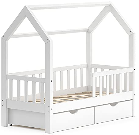 Vitalispa Hausbett Wiki, Bett aus Holz, Weiß, 70x140 cm mit 2 Schubladen