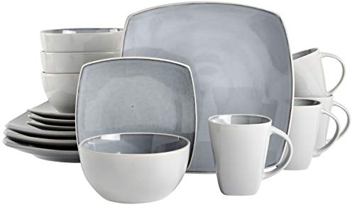 Service de vaisselle en grès Gibson Soho Lounge Square avec glaçure réactive, service pour 4 personnes (lot de 16), gris clair