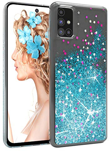 EAZY CASE Hülle kompatibel mit Samsung Galaxy M31s Schutzhülle mit Flüssig-Glitzer, Handyhülle, Schutzhülle, Back Cover mit Glitter Flüssigkeit, TPU/Silikon, Transparent/Durchsichtig, Blau