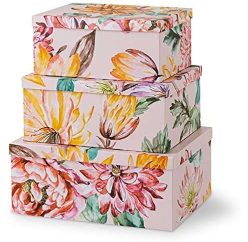 Soul & Lane Stabile dekorative Aufbewahrungsboxen aus Karton mit Deckel für Wohnkultur | Beauty in Bloom - 3er Set | Pappschachteln für Karten, Umschläge, Bilder
