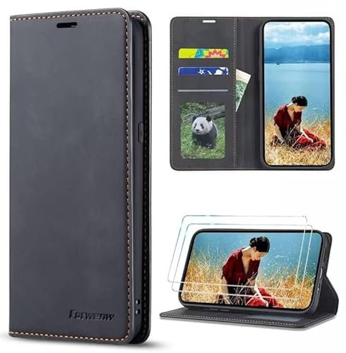 FMPCUON Cover per Huawei P30 + Pellicola Protettiva in Vetro Temperato*2,Magnetica Cover a Libro con Slot per Schede,Flip Custodia Portafoglio Caso,Nero