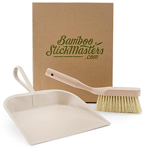 Brush and Pan Set, Metal Pan with Wooden Brush - Natural Bristles with Soft and Firm Grip Handle for Sweeping Cleaning Kitchen Worktops Tables, Offices, Floors Garbage Sweeping Set in Cream Colour