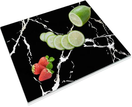 JAMBALAY Tempered Glass Cutting Board for Kitchen, 12 x 16 Glass Cutting Board Marble, Chopping Board with Rubber Feet, Heat Resistant, Shatter Resistant, Dishwasher Safe, Black