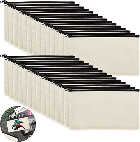 SENENQU 30 Stück DIY Blanko Stoffbeutel zum Bemalen, 12 × 21cm Federmäppchen zum Bemalen, Klein Stoffbeutel Mit Reißverschluss, Kosmetiktasche zum Bemalen, Stoff Federmäppchen