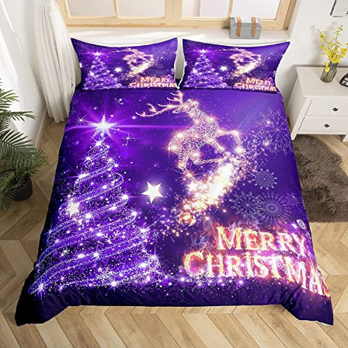 Loussiesd Christmas Tree Duvet Cover Single Deer Elk Bedding Set Purple Xmas Bedding & Linen Winter Snowflake Christmas Bell Quilt Cover for Kids Boys Bedroom Decor Girly Glitter Comforter Cover