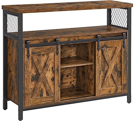 VASAGLE Aparador, Armario de Cocina, Armario de Almacenamiento, con 2 Puertas Correderas, 33 x 100 x 80 cm, Estantes Ajustables, para Salón, Marrón Rústico y Negro Tinta LSC092B01