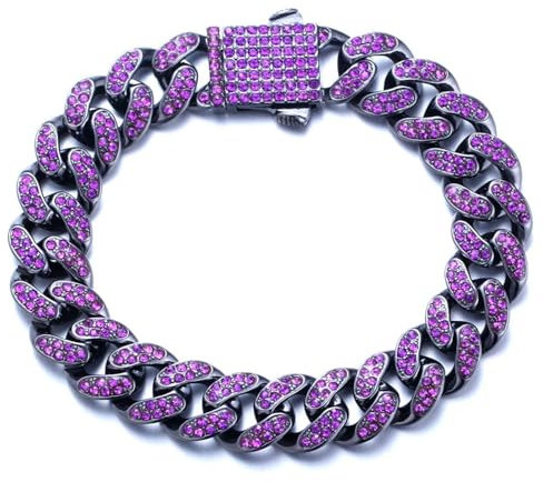 Halukakah Diamant Kubanisches Gliederarmband für Männer - Handgefasster Lila Edelstein Amethyst - Rhodium Schwarz Plattiert - Breite 13mm Länge 20cm - Mit Geschenkbox
