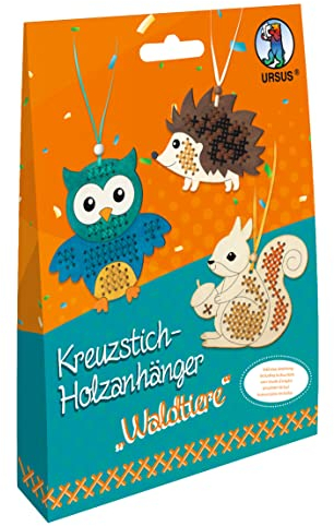 Ursus 21440003 - Kreuzstich Waldtiere, Bastel-Set für Kinder mit 3 Holz-Anhängern, Stickgarn, Sticknadeln, Deko-Material und Anleitung, bunt