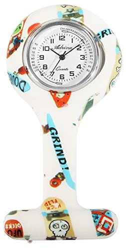 Adrina Unisex – Uhr Krankenschwesteruhr Silikon Ansteckuhr Analog Quarz 410000X (weiß Schriftzüge)