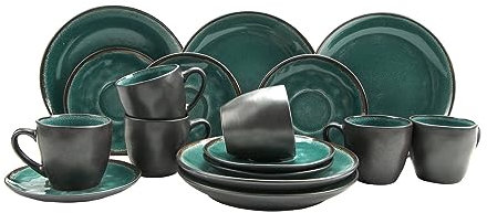 Möbel Jack Kaffeeservice 18-teilig - Petrolgrün - Dunkelgrau - Keramik - für 6 Personen