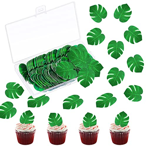 72 Stück Tortendeko Essbar,Dschungel Tortendeko,Oblatenpapier Palmblatt-Kuchen-Deckel,Essbare Tropische Schildkrötenblätter Cupcake Topper,Tropische Palmenblätter für Hawaiianische Party
