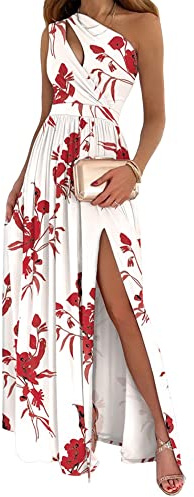 ECDAHICC Women's Sexy One Shoulder Cutout Pleated Maxi Dress Sleeveless High Slit Formal Evening Party Bridesmaid Dresses(WH,L) Floral-White