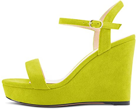 NobleOnly Mujer Alto High Heel cuña esparto Plataforma Correa Tobillo Sandalias Slingback Abierta Punta Sexy Cute Fiesta 10 CM Heels Verde Lima Ante 41 EU