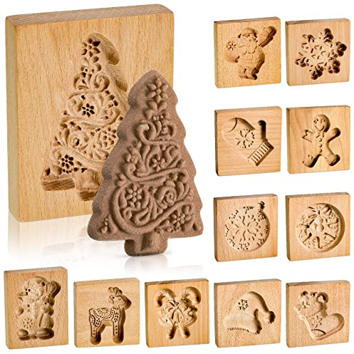 12 Stück Weihnachts-Holz-Keksformen, Lebkuchenbacken, Keksform, geschnitzte Keksausstecher, Prägeform, 3D-lustig, Holz-Keks-Stempel, Weihnachten, Buche, Prägeform für Weihnachten, Backen, 12 Stile