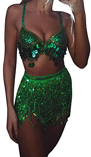 Damen Rave Rock Fransen Rock Pailletten Quaste Rock Bauchtanz Kostüm Bauchtanz Mini Rock Hüftschal Rave Outfit für Frauen und Mädchen (Grün, One Size)