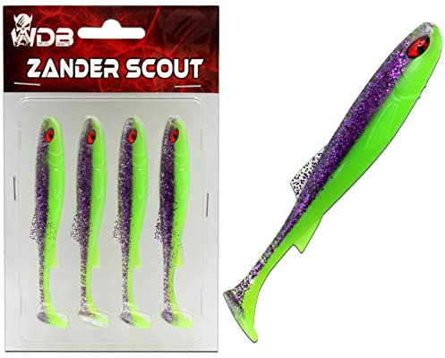 Wild Devil Baits Zander Scout Gummifisch Shad Zanderköder (UV Purple Chartreuse, 12,5cm)