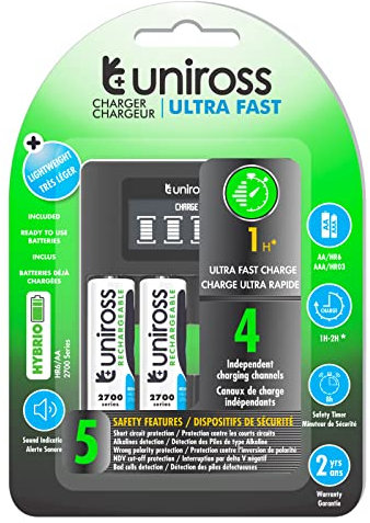Uniross Chargeur Ultra Fast AA/HR6 - AAA/HR03 + 4 piles rechargeables AA 1,2 V 2500 mAh