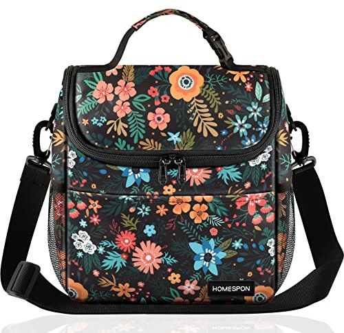 HOMESPON Insulated Lunch Bag for Women Adult Cool Bag Lunch Box Container Lunch Tote with Shoulder Strap Front Pocket for Work Picnic (Colorful Flower)