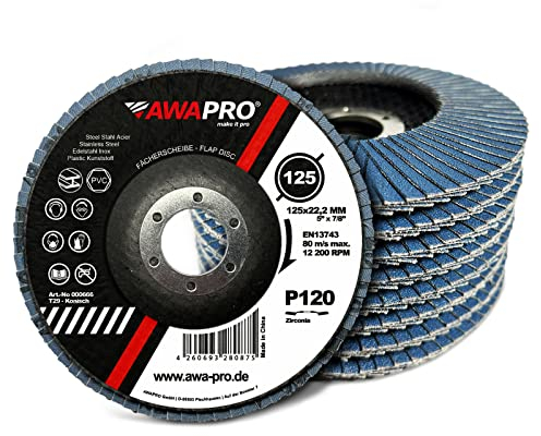 AWAPRO Fächerscheibe | Ø 125mm | Korn 120 | 10 Stück - Blau Zirkon für Metall, Stahl, Edelstahl - Schleifscheiben Lamellenscheiben Fächerschleifer