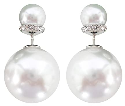 Navachi Pendientes de tuerca chapados en oro de 18 quilates con perlas de imitación coloridas de doble cara para mujer, Cristal Zinc