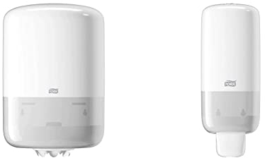 Tork 559000 Innenabrollungsspender für M2 Papierwischtücher in Weiß & Seifenspender für Schaumseife und Schaum-Händedesinfektion, Elevation - Sparsames, auslaufsicheres S4 Spender-System, weiß