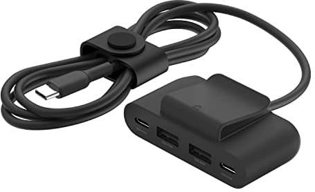 Belkin 4-Port USB-Splitter mit 2-m-Kabel, 2 USB-C- und 2 USB-A-Ports, USB-Adapter mit 30 W Leistung, Schnellladen des iPhone 14 und Samsung Galaxy S23, umweltfreundliche Ausführung, abnehmbarer Clip