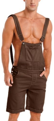 Oanviso Salopette Corta in Denim da Uomo Tinta Unita/Foro Strappato Jumpsuit con Cinturino Regolabile Multi-Tasche Casual Jeans Comodo Salopette Classico Vintage Abiti da Lavoro H Marrone M