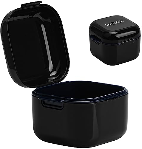 LoQuick ZahnprotheseBox mit Sieb, Prothese Box Retainer Container, Tragbarer Behälter für falsche Zähne, hygienischer Zahnprothesenbehälter für Falsche Zähne Lagerung Reinigung (Schwarz)