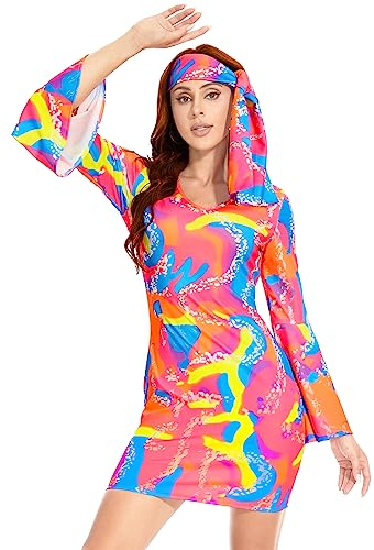JNAOZI 70er Jahre Kostüm für Frauen Disco - Hippie Kostüm für Frauen, 70er Jahre Disco Outfit Frauen für Party mit Stirnband (2XL)…