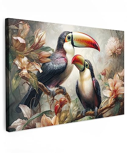 MuchoWow© Bilder 90x60 cm Wohnzimmer Deko Modern Wandbild Foto auf Leinwand Bild Schlafzimmer Room Decor Geschenke Tukan - Vögel - Blumen - Dschungel