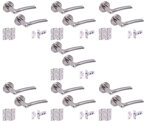 HANDLEZONE® 7 Sets Ursa Internal Door Handles on Rose Lever Latch Packs with 75mm Ball Bearing Hinges and 76mm Latches - Dual Polished/Satin Nickel