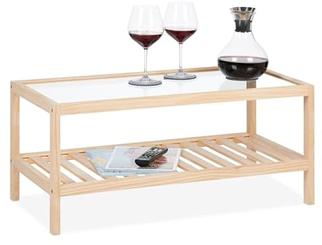 Relaxdays Couchtisch mit Glasplatte Mesa de Centro con Tablero Cristal, Mesita Sofá con Estante, Madera de Pino, Salón, 35x80x40 cm, Natural, 35x40x40 cm