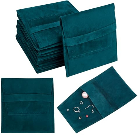 NBEADS 24 Pcs Dark Green Microfiber Jewelry Pouch, Pocket Cosmetic Bag Velvet Jewelry Flap Pouches Folding Envelope Bag for Earrings Bracelets Necklaces Packaging, 3.78x3.54x0.1 Inch
