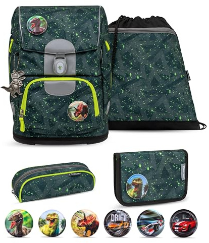 Belmil Motion ergonomisches Schulranzen Set 5-teilig aus recyceltem Material mit Brustgurt, Hüftgurt, Magnetverschluss, Patch Set 6 Stück (405-74/AG/S) (Green Splash 2)