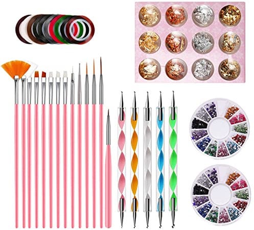 Nail Pen Designer, Stamp Nail Art Tool with 15pcs Nail Painting Brushes, Nail Dotting Tool, Nail Foil, Manicure Tape, Color Rhinestones for Nails