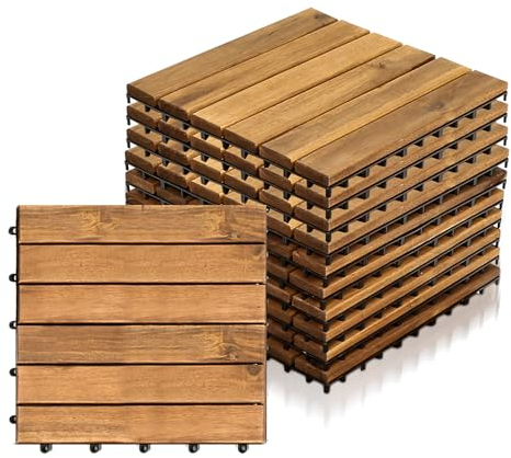 Jopassy 33 Stück Holzfliesen Balkon, 3 m² Balkon Bodenbelag 30x30 cm | Holzfliesen Mosaik aus Akazienholz, Balkonfliesen Terrassenfliesen für Garten, Balkon, Terrasse | 6 Latten