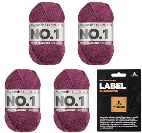 myboshi No.1 Wolle zum Häkeln und Stricken, Schnellstrickgarn, inkl. Label, Strickwolle, Häkelwolle, mulesing-frei, Ll. 55m /50g, 30% Wolle (Merinowolle) Lila (Brombeere), 4 Knäuel
