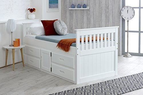 Single Captain Storage Wooden Bed, 3FT, with 4 Storage Drawers and a Middle Cupboard. Slatted Guest Bed Frame with Headboard and Footboard, Available in White or Waxed (White)