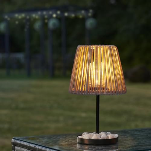 Auraglow Outdoor Rattan Table Lamp, Solar Powered with Crackle Glass Bulb, Natural Rattan Shade, IP44 Weatherproof for Garden, Patio, Restaurant, Hotel (1 Pack)