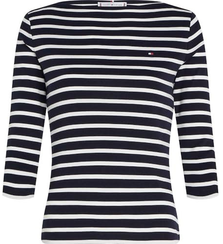 Tommy Hilfiger Women’s Long Sleeve Slim Fit New Cody Top with Boat Neck, Multicolor (Nos Breton Desert Sky/Ecru), S