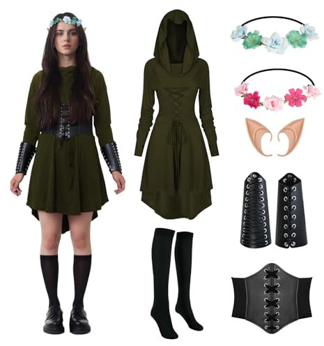 OPAEHJF Gothic Mittelalter Kleidung Damen Renaissance Kostüm Robe Kapuzenkleid Halloween Kostüm Elfen Cosplay mit Elfenohren Korsett Overknee Socken Armschützer (Grün, XXXXL)