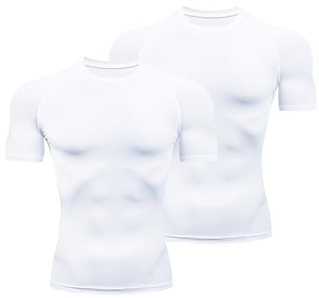 HYCOPROT Men's Compression Shirts Short Sleeve Compression Top Athletic Workout T-Shirt Quick Dry Sports Baselayer Running Undershirts Tops (UK, Alpha, M, Regular, Regular, Whtie+White)