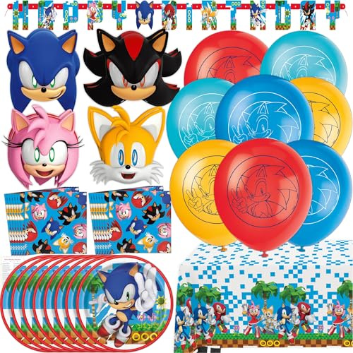 Decoraciones de fiesta de cumpleaños Sonic - Decoraciones de fiesta Sonic - Paquete con platos, servilletas, mantel, pancarta, globos, máscaras, lista de verificación - Suministros de cumpleaños para