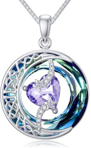 TOUPOP Kette Damen Herz Geburtsstein Anhänger Halskette für Frauen Sterling Silber Mond Stern Halskette Schmuck Geburtstags Geschenk für Frauen Sie Ehefrau Tochter Freundin Weihnachten Geschenk