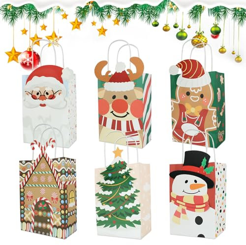 12 Stück Geschenktüten Weihnachtstüten Kraftpapiertüten Geschenktasche mit verschiedenen Weihnachtsmotiven für Kinder, 2024 Geschenkverpackung für Weihnachten