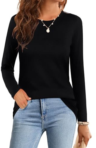 Elesomo Womens Long Sleeve Tops Crew Neck Tshirts Casual Basic Ladies T Shirts, Black UK 12 14
